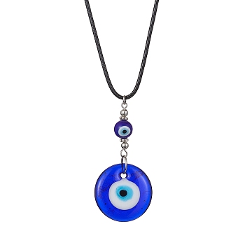 Evil Eye Lampwork Pendant Necklace, with Waxed Polyester Cords, Platinum, 17.72 inch(45cm)