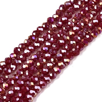 Electroplate Glass Beads Strands, Opaque Solid Color, AB Color Plated, Faceted, Rondelle, Brown, 2.3~2.7x2mm, Hole: 0.4mm, about 150~155pcs/strand, 32~33cm