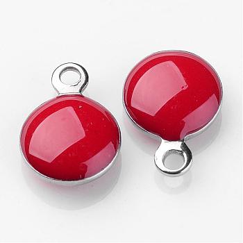 Stainless Steel Enamel Charms, Enamelled Sequins, Flat Round, Red, 11x8x3mm, Hole: 1mm
