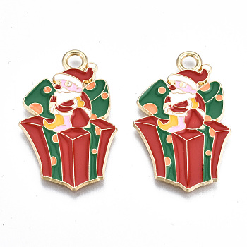 Eco-Friendly Alloy Enamel Pendants, Cadmium Free & Lead Free & Nickel Free, for Christmas, Gift Box with Santa Claus, Light Gold, Red, 33x21x1mm, Hole: 3mm