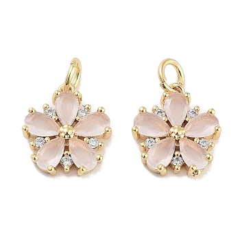 Brass Micro Pave Cubic Zirconia Charms, with Jump Ring, Flower, Real 18K Gold Plated, Pink, 13x12x3mm, Hole: 3mm