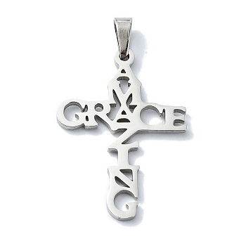 304 Stainless Steel Pendants, Corss with Word Amazing Grace Charms, Stainless Steel Color, 30x21x1.5mm, Hole: 6x3mm