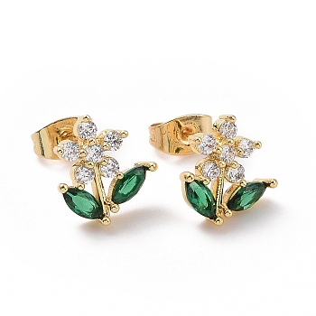Green Cubic Zirconia Flower of Life Stud Earrings, Brass Jewelry for Women, Golden, 11x10.5mm, Pin: 0.7mm