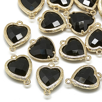 Glass Links connectors, with Golden Tone Brass Findings, Faceted, Heart, Black, 16x11.5x4.5mm, Hole: 1mm