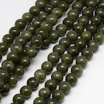 Natural Yellow Jade Beads Strands, Dyed, Round, Dark Olive Green, 8mm, Hole: 1mm, about 50pcs/strand, 15.75 inch