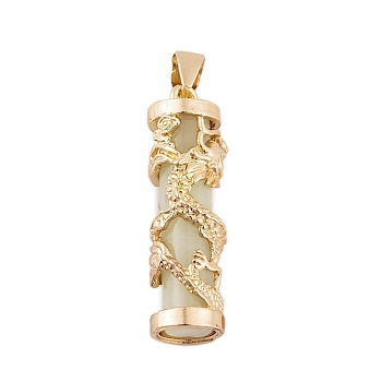 Synthetic Luminous Stone Column Pendants, Golden Plated Alloy Gragon Wrapped Charms, Pale Goldenrod, 35.5x10.5mm, Hole: 6x4.5mm