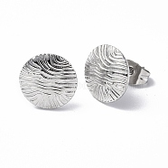 304 Stainless Steel Textured Flat Round Stud Earrings for Women, Stainless Steel Color, 11mm, Pin: 0.7mm(EJEW-F300-02P)