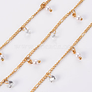 Handmade Brass Curb Chains, with Cubic Zirconia and ABS Plastic Imitation Pearl Beads, Soldered, Spool, Real 18K Gold Plated, 3.3x1.5x0.3mm and 2x1.4x0.3mm, about 16.4 Feet(5m)/roll(CHC-S012-048)
