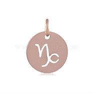 304 Stainless Steel Charms, Flat Round with Constellation/Zodiac Sign, Rose Gold, Capricorn, 12x1mm, Hole: 3mm(STAS-Q201-T445-10R)