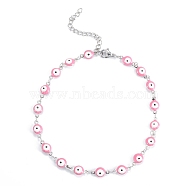 304 Stainless Steel Anklets, with Enamel and Lobster Claw Clasps, Evil Eye, Pink, Stainless Steel Color, 9-5/8 inch(24.5cm).(AJEW-G024-02P-A)
