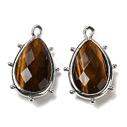 Natural Tiger Eye Pendants, with Platinum Brass Edge, Faceted, Teardrop, 22.5x14x5.5mm, Hole: 1.6mm.(G-B009-02P-O)