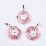 Watermelon Stone Glass Pendants, with Shell, Rhinestone and Platinum Tone Brass Findings, Flat Round with Flower, 35.5~36x28x8mm, Hole: 5x8mm(G-F546-A02)