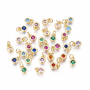 Brass with Single Cubic Zirconia Charms, Single Stone Charms, Flat Round, Golden, Mixed Color, 6.5x4.5x2mm, Hole: 2.5~3mm(X-ZIRC-F095-03G)