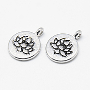 Tibetan Style Alloy Pendants, Flat Round with Lotus, Cadmium Free & Nickel Free & Lead Free, Antique Silver, 20x15x4.5mm, Hole: 1.5mm, about 490pcs/1000g(TIBE-S301-015AS-NR)