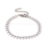 Enamel Wheat Link Chains Bracelet, 304 Stainless Steel Jewelry for Women, Stainless Steel Color, White, 6-7/8 inch(17.5cm)(BJEW-P271-02P-04)
