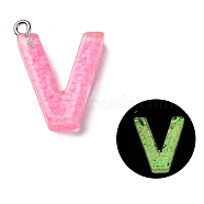 Luminous Resin Pendants, Glow in the Dark, with Platinum Plated Loop, Letter, Letter V, 23.5x18x5mm, Hole: 1.8mm(RESI-I059-V01)