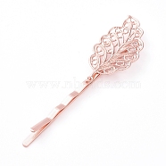 Hair Accessories Iron Hair Bobby Pin Findings, with Brass Filigree Leaf Cabochon Bezel Settings, Long-Lasting Plated, Rose Gold, Tray: 34x17mm, 68mm(IFIN-L035-02RG)