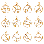 12Pcs 12 Style Brass Micro Pave Cubic Zirconia Pendants, Long-Lasting Plated, Real 18K Gold Plated, Flat Round with Constellation, 12 Constellations, 17.5x15x2mm, Hole: 3mm, 1pc/style(KK-FH0004-43)