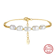 925 Sterling Silver Square & Natural Pearl Beaded Bracelets, with S925 Stamp, Real 14K Gold Plated, 5-3/4 inch(14.7cm)(BJEW-Z025-07G)