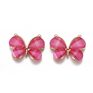 Alloy Pendants, with Resin, Faceted, Butterfly, Light Gold, Fuchsia, 21~22x28~29x4.5mm, Hole: 2.5mm.(X-PALLOY-I198-C02)