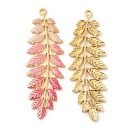 304 Stainless Steel Enamel Big Pendants, Real 18K Gold Plated, Leaf Charm, Pink, 60x20x2mm, Hole: 2.5mm(STAS-K256-18G-03)