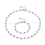 Brass Enamel Evil Eye Link Chain Bracelets & Necklaces Jewelry Sets, with 304 Stainless Steel Lobster Claw Clasps, Deep Sky Blue, Golden, 7-1/8 inch(18cm), 17.32 inch(44cm)(SJEW-JS01191)
