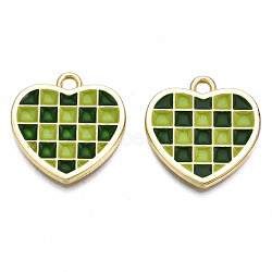 Rack Plating Alloy Checkerboard Pendants, with Enamel, Cadmium Free & Lead Free, Light Gold, Heart with Grid Pattern, Green, 18.5x18x2mm, Hole: 2mm(PALLOY-S132-257B-RS)