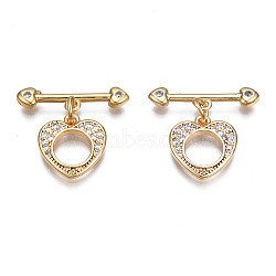Brass Micro Pave Clear Cubic Zirconia Toggle Clasps, Nickel Free, Heart, Real 18K Gold Plated, Heart: 12.5x12x2mm, Bar: 20x5x2.5mm, Jump Ring: 5x1mm, 3mm inner diameter(X-KK-Q278-005-NF)