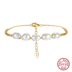 925 Sterling Silver Square & Natural Pearl Beaded Bracelets, with S925 Stamp, Real 14K Gold Plated, 5-3/4 inch(14.7cm)(BJEW-Z025-07G)