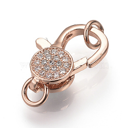 Brass Micro Pave Cubic Zirconia Lobster Claw Clasps, Rose Gold, 15~16x10~11x4.5mm, Hole: 3mm(ZIRC-S058-21RG)