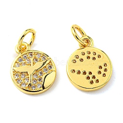 Rack Plating Brass Micro Pave Cubic Zirconia Charms, with Jump Ring, Flat Round with Bird, Real 18K Gold Plated, 11.5x9x1.8mm, Hole: 3.2mm(KK-D036-04G)
