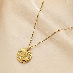 Constellation Coin Stainless Steel Pendant Necklace for Women, Golden, Leo, 17.72 inch(45cm)(PW-WG95399-09)