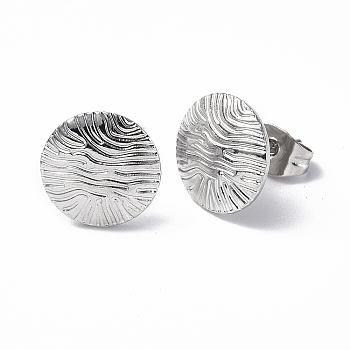 304 Stainless Steel Textured Flat Round Stud Earrings for Women, Stainless Steel Color, 11mm, Pin: 0.7mm