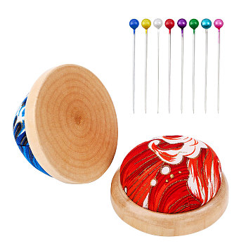 2Pcs 2 Colors Cute Ball Shaped Wave Pattern Cotton Needle Cushion, Wooden Bottom Needle Holder Pillow, Sewing Tools, and 100Pcs Iron Head Pins, Mixed Color, Cushion: 70~72x37~38mm, Pins: 36mm