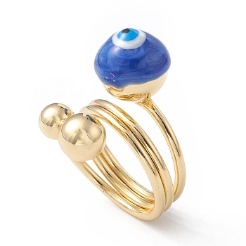 Enamel Round with Evil Eye Finger Rings, Real 18K Gold Plated Brass Wrap Style Ring for Women, Blue, 5.5~19.5mm, Inner Diameter: 18mm