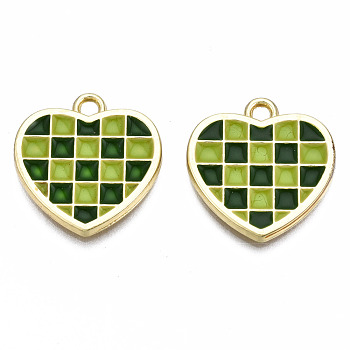 Rack Plating Alloy Checkerboard Pendants, with Enamel, Cadmium Free & Lead Free, Light Gold, Heart with Grid Pattern, Green, 18.5x18x2mm, Hole: 2mm