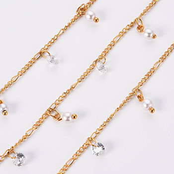 Handmade Brass Curb Chains, with Cubic Zirconia and ABS Plastic Imitation Pearl Beads, Soldered, Spool, Real 18K Gold Plated, 3.3x1.5x0.3mm and 2x1.4x0.3mm, about 16.4 Feet(5m)/roll