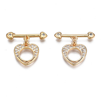 Brass Micro Pave Clear Cubic Zirconia Toggle Clasps, Nickel Free, Heart, Real 18K Gold Plated, Heart: 12.5x12x2mm, Bar: 20x5x2.5mm, Jump Ring: 5x1mm, 3mm inner diameter