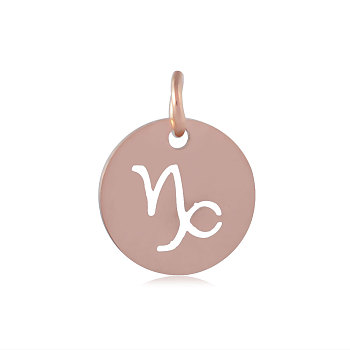 304 Stainless Steel Charms, Flat Round with Constellation/Zodiac Sign, Rose Gold, Capricorn, 12x1mm, Hole: 3mm