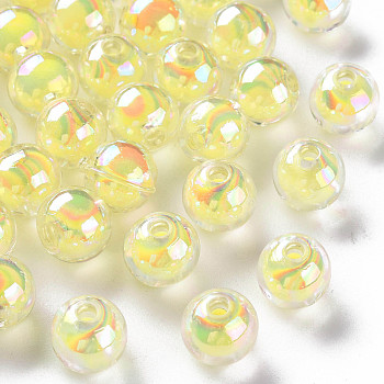 Transparent Acrylic Beads, Bead in Bead, AB Color, Round, Yellow, 9.5x9mm, Hole: 2mm