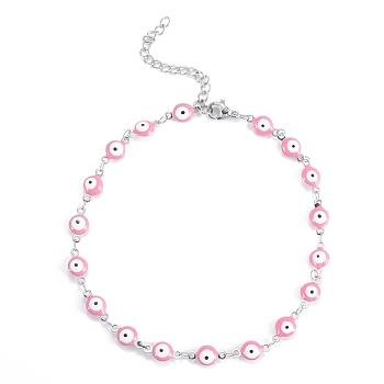 304 Stainless Steel Anklets, with Enamel and Lobster Claw Clasps, Evil Eye, Pink, Stainless Steel Color, 9-5/8 inch(24.5cm).