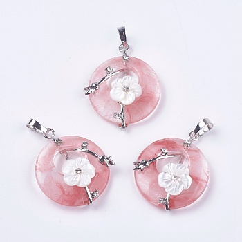 Watermelon Stone Glass Pendants, with Shell, Rhinestone and Platinum Tone Brass Findings, Flat Round with Flower, 35.5~36x28x8mm, Hole: 5x8mm
