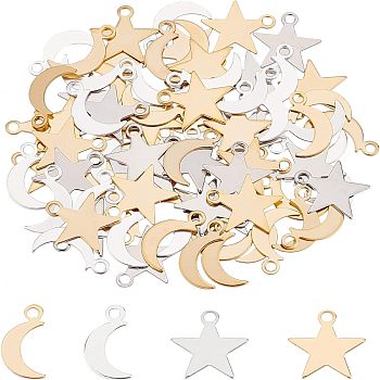 80Pcs 4 Style Brass Charms, Star & Moon, Mixed Color, 10.5x5.5~10x0.5mm, Hole: 1.4mm, 20pcs/style