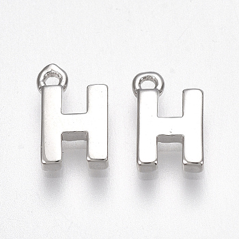 Brass Charms, Letter, Nickel Free, Real Platinum Plated, Letter.H, 8.5x5x1.5mm, Hole: 0.8mm