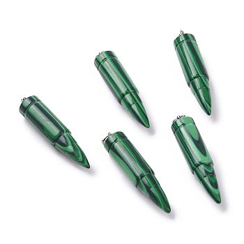 Synthetic Malachite Pointed Pendants, with 201 Stainless Steel Split Rings, Bullet, Stainless Steel Color, 42~46x10mm, Hole: 5mm