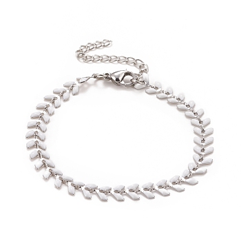 Enamel Wheat Link Chains Bracelet, 304 Stainless Steel Jewelry for Women, Stainless Steel Color, White, 6-7/8 inch(17.5cm)