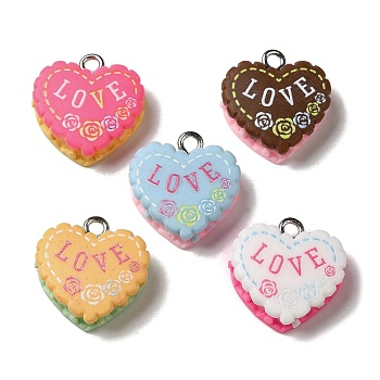 Opaque Resin Pendants, Heart Charms with Love, with Platinum Plated Iron Loops, Mixed Color, 17.5x16.5x6mm, Hole: 2mm