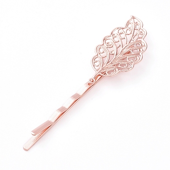 Hair Accessories Iron Hair Bobby Pin Findings, with Brass Filigree Leaf Cabochon Bezel Settings, Long-Lasting Plated, Rose Gold, Tray: 34x17mm, 68mm