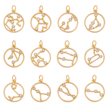 12Pcs 12 Style Brass Micro Pave Cubic Zirconia Pendants, Long-Lasting Plated, Real 18K Gold Plated, Flat Round with Constellation, 12 Constellations, 17.5x15x2mm, Hole: 3mm, 1pc/style
