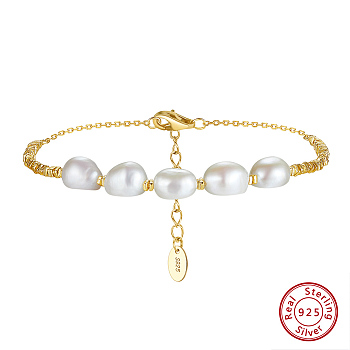 925 Sterling Silver Square & Natural Pearl Beaded Bracelets, with S925 Stamp, Real 14K Gold Plated, 5-3/4 inch(14.7cm)